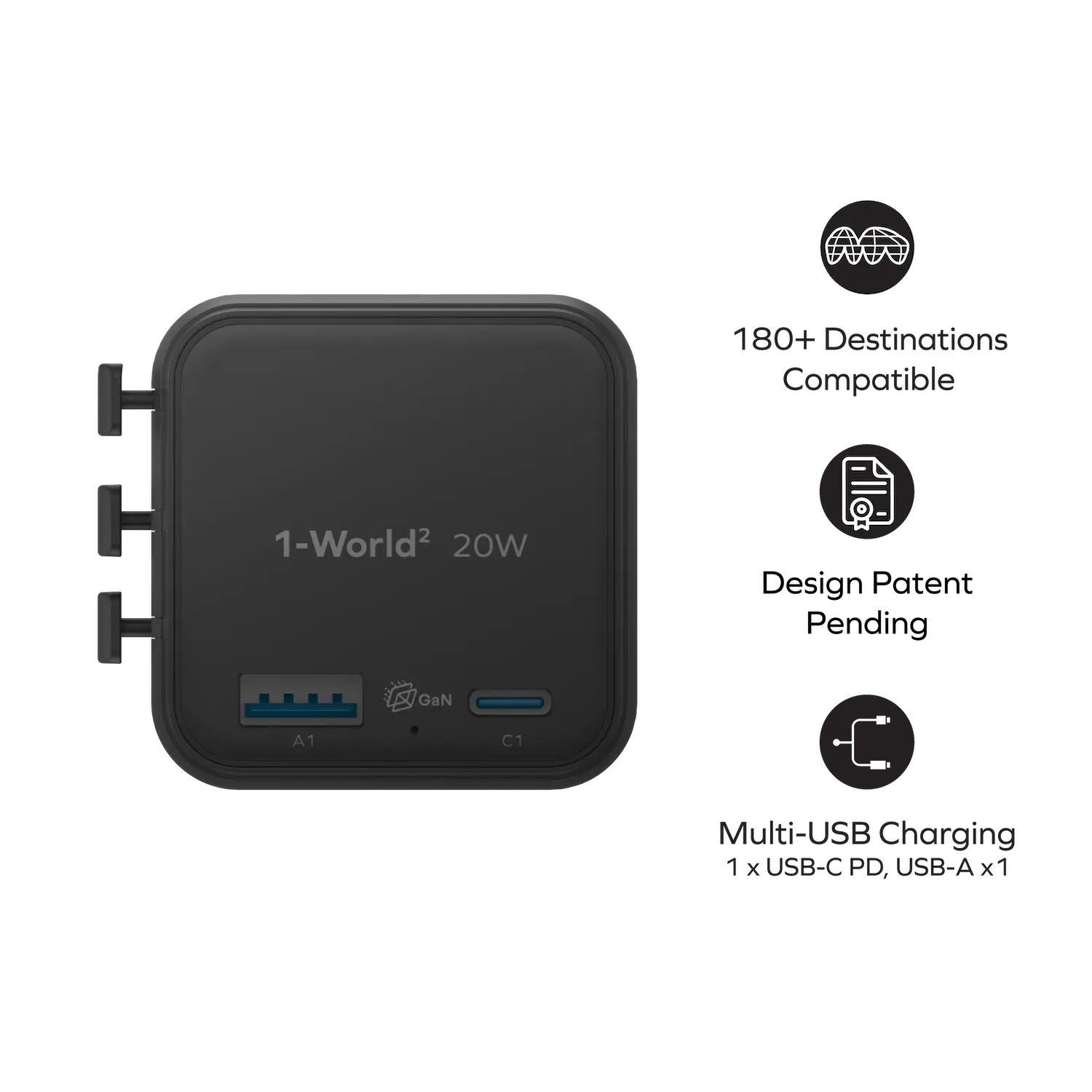 1-World²
2-Port USB-A and USB-C GaN Travel Charger 20W - Image 8
