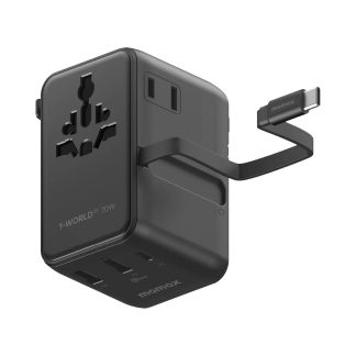 1-World²⁺ 70W 3-Port Dual AC Travel Adapter with Built-In Retractable Cable